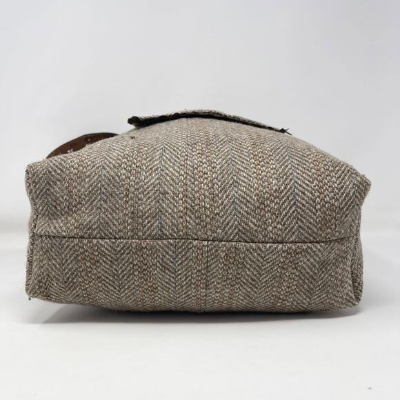 Y2K Handmade Reversible Tote Bag Brown Tweed Blue Flowers Buttons Leather Belt - Picture 9 of 14